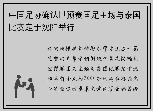 中国足协确认世预赛国足主场与泰国比赛定于沈阳举行